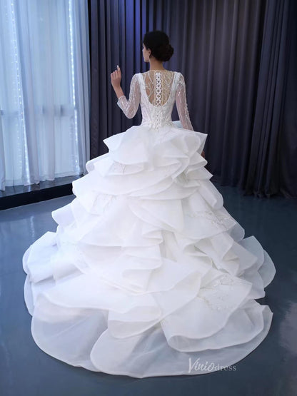 Beaded Lace Aplique Ruffled Wedding Dresses Long Sleeve Bridal Gown 222128-wedding dresses 2025 -Viniodress-Ivory-Custom Size-