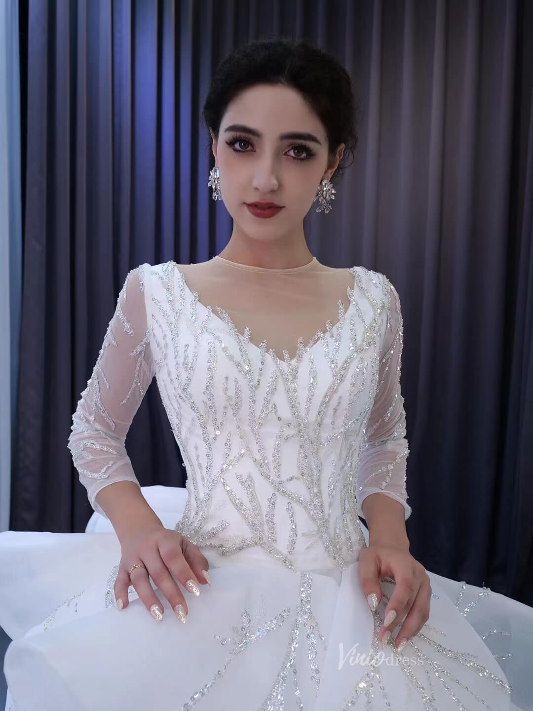 Beaded Lace Aplique Ruffled Wedding Dresses Long Sleeve Bridal Gown 222128-wedding dresses 2025 -Viniodress-Ivory-Custom Size-