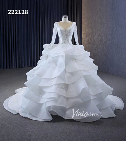 Beaded Lace Aplique Ruffled Wedding Dresses Long Sleeve Bridal Gown 222128-wedding dresses 2025 -Viniodress-Ivory-Custom Size-