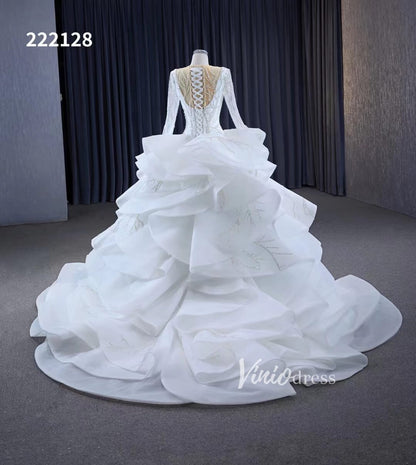 Beaded Lace Aplique Ruffled Wedding Dresses Long Sleeve Bridal Gown 222128-wedding dresses 2025 -Viniodress-Ivory-Custom Size-