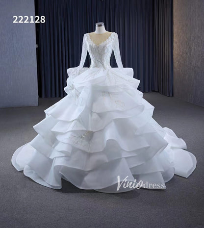 Beaded Lace Aplique Ruffled Wedding Dresses Long Sleeve Bridal Gown 222128-wedding dresses 2025 -Viniodress-Ivory-Custom Size-