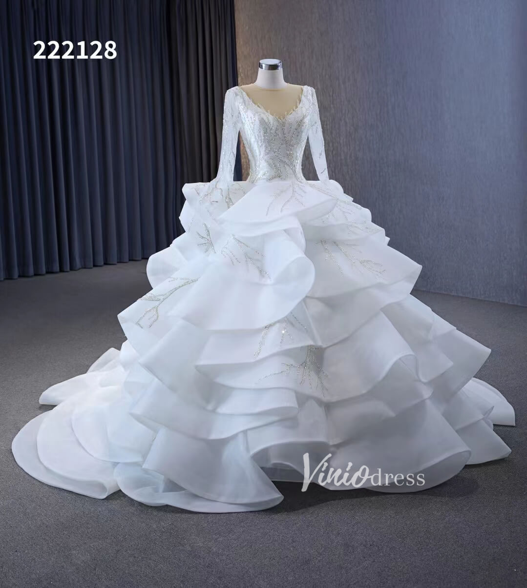 Beaded Lace Aplique Ruffled Wedding Dresses Long Sleeve Bridal Gown 222128-wedding dresses 2025 -Viniodress-Ivory-Custom Size-