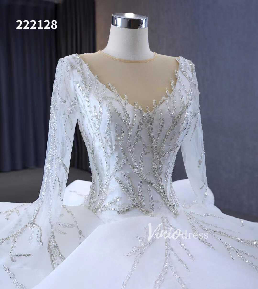 Beaded Lace Aplique Ruffled Wedding Dresses Long Sleeve Bridal Gown 222128-wedding dresses 2025 -Viniodress-Ivory-Custom Size-
