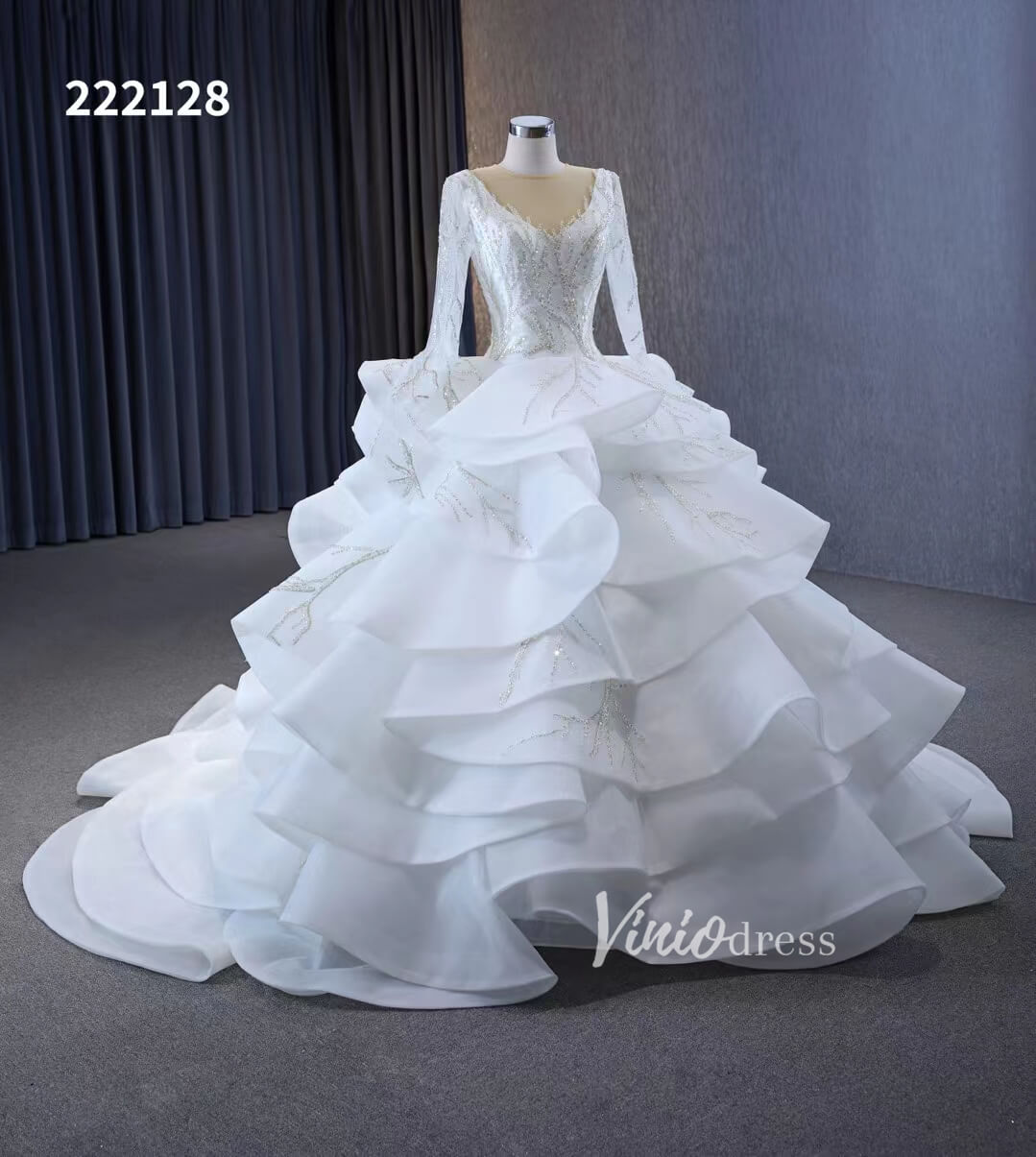 Beaded Lace Aplique Ruffled Wedding Dresses Long Sleeve Bridal Gown 222128-wedding dresses-Viniodress-Viniodress