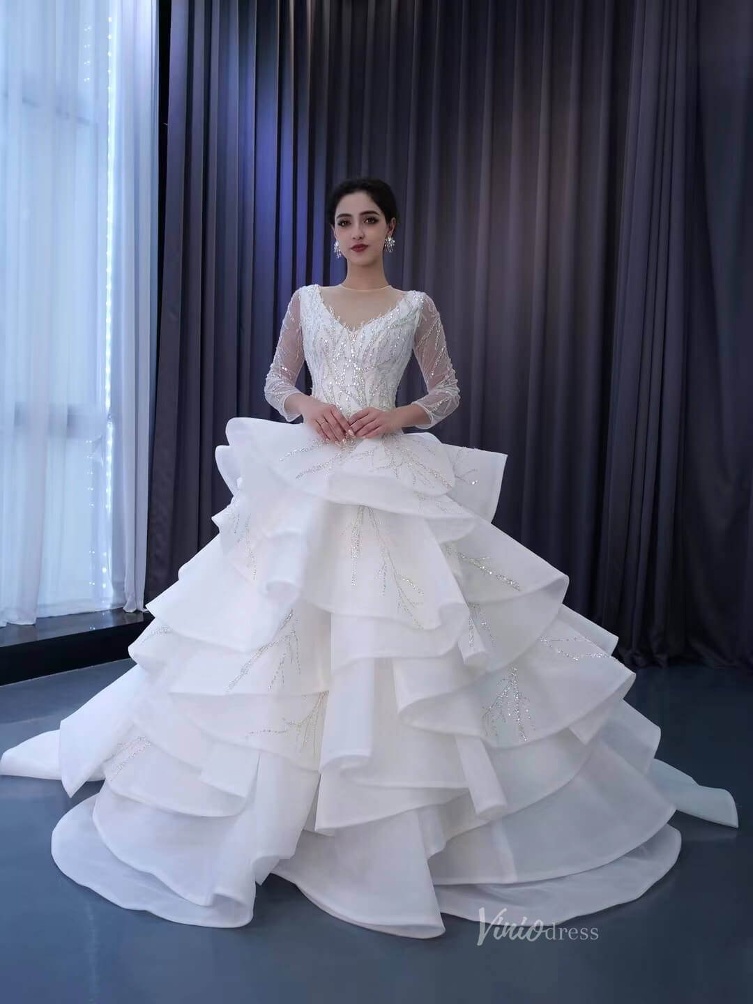 Beaded Lace Aplique Ruffled Wedding Dresses Long Sleeve Bridal Gown 222128-wedding dresses-Viniodress-Ivory-Custom Size-Viniodress