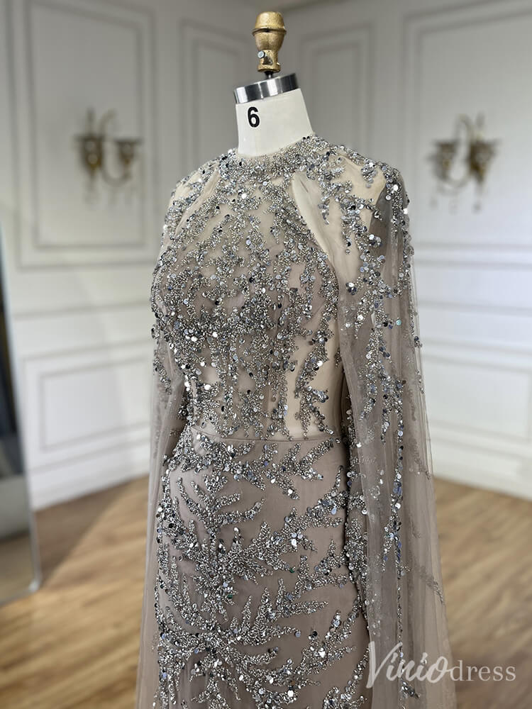 Beaded Lace Applique Mermaid Prom Dresses Cape Sleeve Pageant Dress 20231-Evening Dresses 2025 -Viniodress-Green-US 2-