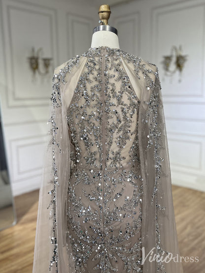 Beaded Lace Applique Mermaid Prom Dresses Cape Sleeve Pageant Dress 20231-Evening Dresses 2025 -Viniodress-Green-US 2-