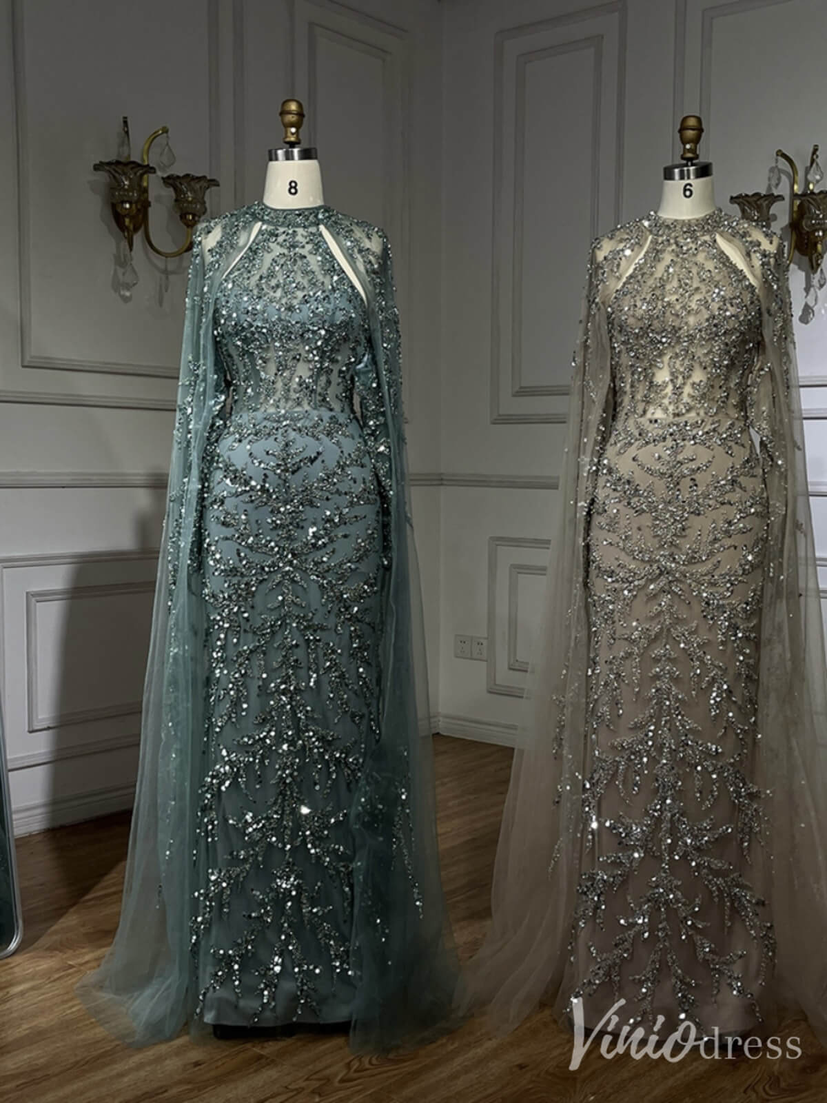 Beaded Lace Applique Mermaid Prom Dresses Cape Sleeve Pageant Dress 20231-Evening Dresses 2025 -Viniodress-Green-US 2-