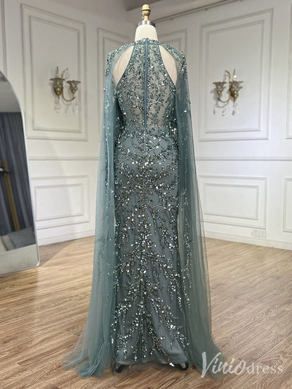 Beaded Lace Applique Mermaid Prom Dresses Cape Sleeve Pageant Dress 20231-Evening Dresses 2025 -Viniodress-Green-US 2-