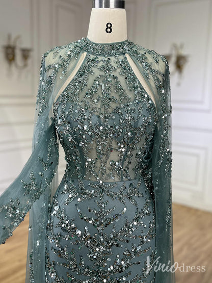 Beaded Lace Applique Mermaid Prom Dresses Cape Sleeve Pageant Dress 20231-Evening Dresses 2025 -Viniodress-Green-US 2-