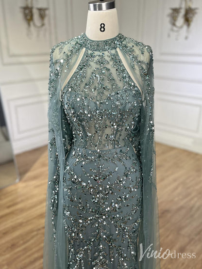 Beaded Lace Applique Mermaid Prom Dresses Cape Sleeve Pageant Dress 20231-Evening Dresses 2025 -Viniodress-Green-US 2-