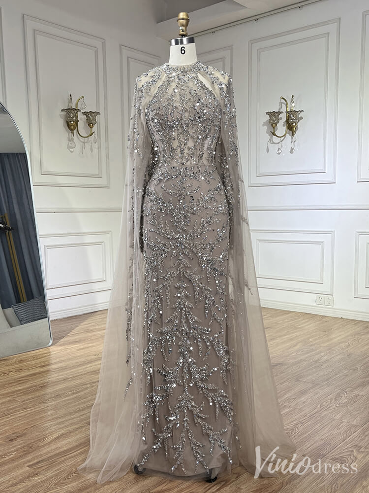 Beaded Lace Applique Mermaid Prom Dresses Cape Sleeve Pageant Dress 20231-Evening Dresses 2025 -Viniodress-Green-US 2-