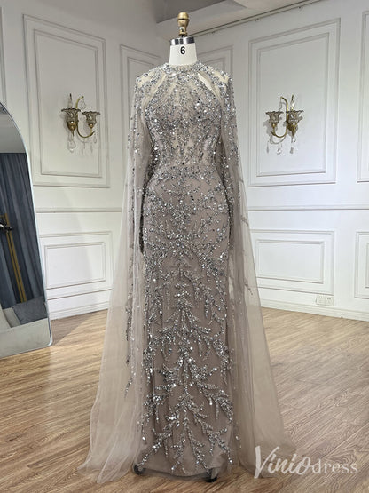 Beaded Lace Applique Mermaid Prom Dresses Cape Sleeve Pageant Dress 20231-Evening Dresses 2025 -Viniodress-Green-US 2-