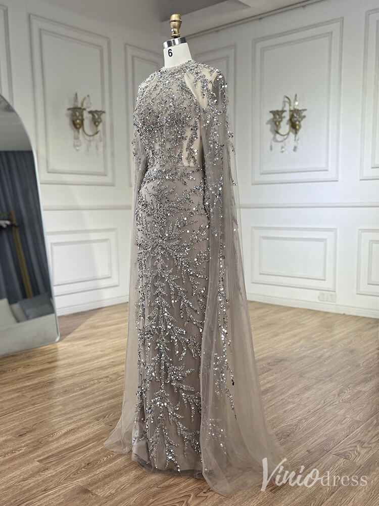 Beaded Lace Applique Mermaid Prom Dresses Cape Sleeve Pageant Dress 20231-Evening Dresses 2025 -Viniodress-Green-US 2-