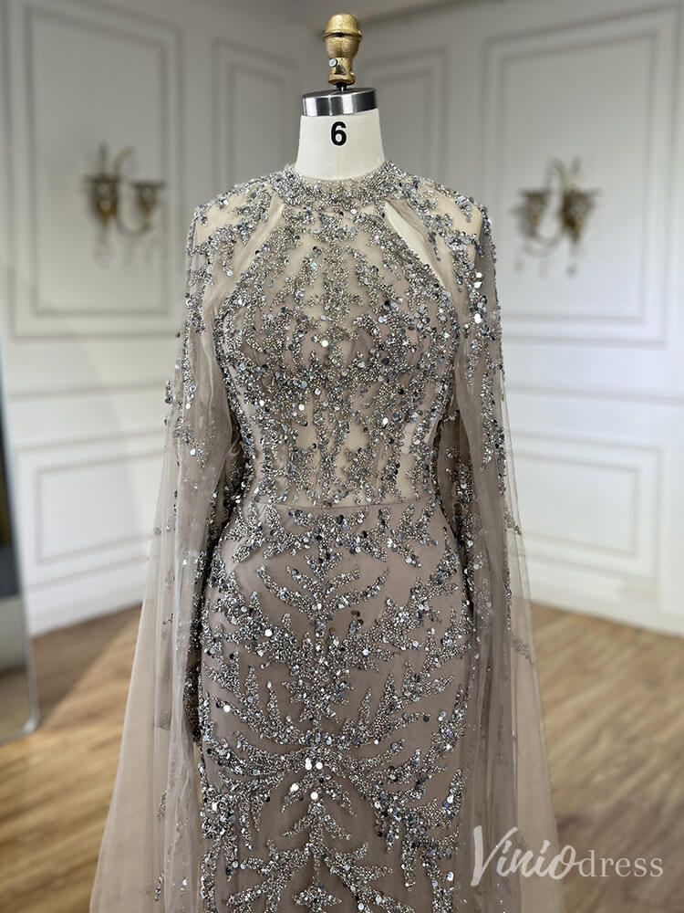 Beaded Lace Applique Mermaid Prom Dresses Cape Sleeve Pageant Dress 20231-Evening Dresses 2025 -Viniodress-Green-US 2-