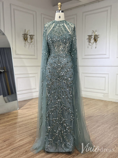 Beaded Lace Applique Mermaid Prom Dresses Cape Sleeve Pageant Dress 20231-Evening Dresses 2025 -Viniodress-Green-US 2-