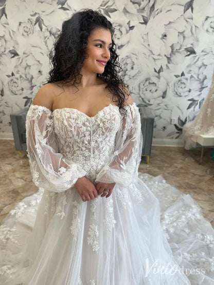 Beaded Lace Applique Wedding Dress with Sheer Long Sleeves and Chapel Train – LA109-wedding dresses 2025 -Viniodress-Ivory-Custom Size-