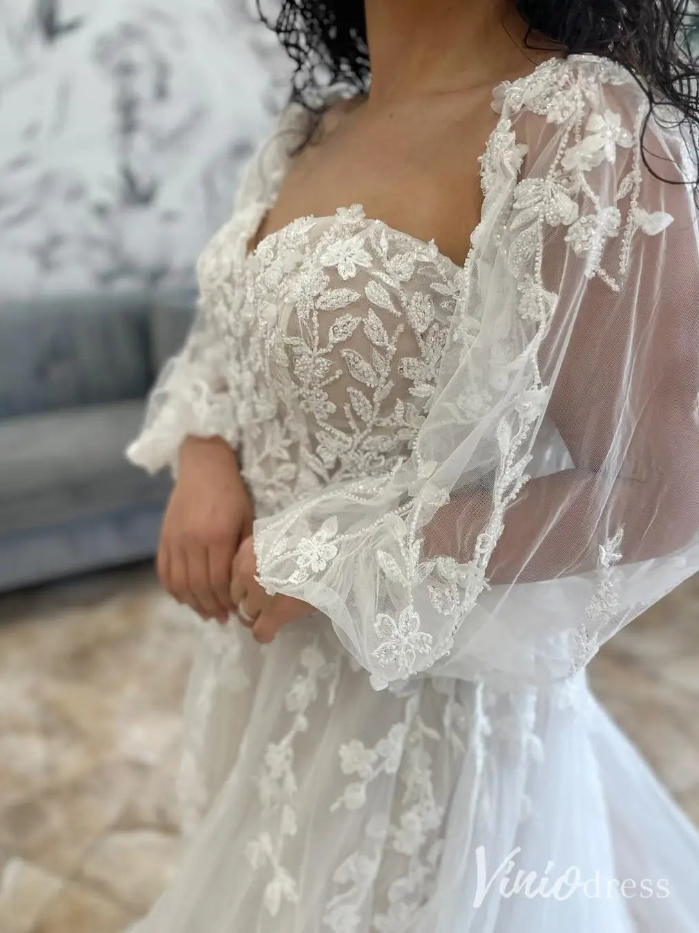 Beaded Lace Applique Wedding Dress with Sheer Long Sleeves and Chapel Train – LA109-wedding dresses 2025 -Viniodress-Ivory-Custom Size-