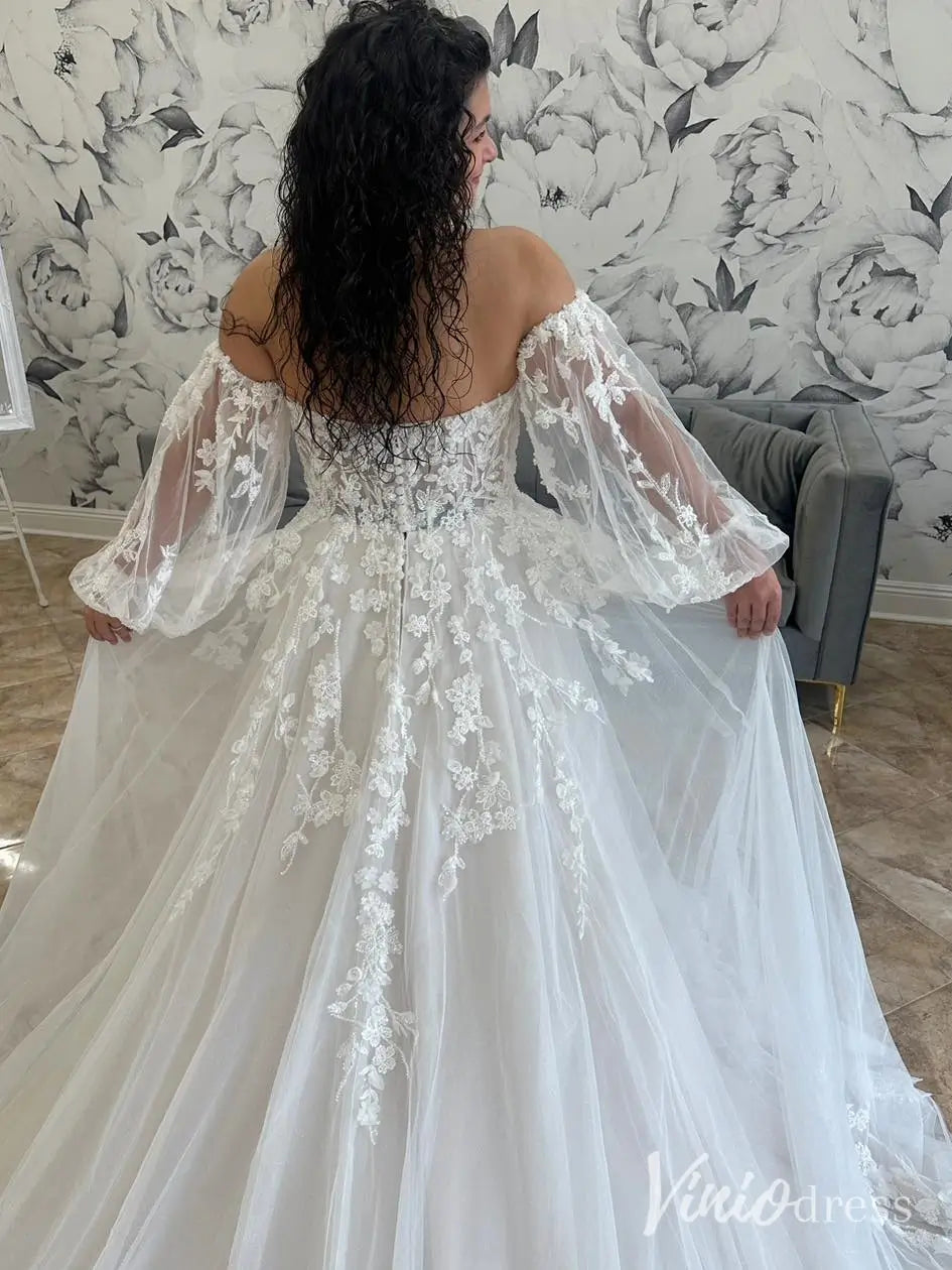Beaded Lace Applique Wedding Dress with Sheer Long Sleeves and Chapel Train – LA109-wedding dresses 2025 -Viniodress-Ivory-Custom Size-
