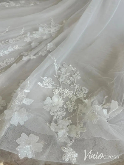 Beaded Lace Applique Wedding Dress with Sheer Long Sleeves and Chapel Train – LA109-wedding dresses 2025 -Viniodress-Ivory-Custom Size-