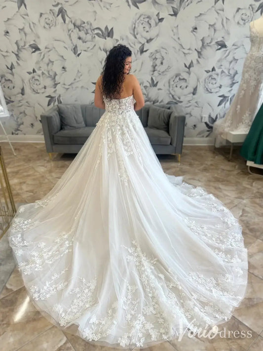 Beaded Lace Applique Wedding Dress with Sheer Long Sleeves and Chapel Train – LA109-wedding dresses 2025 -Viniodress-Ivory-Custom Size-