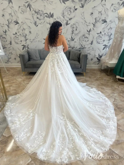 Beaded Lace Applique Wedding Dress with Sheer Long Sleeves and Chapel Train – LA109-wedding dresses 2025 -Viniodress-Ivory-Custom Size-