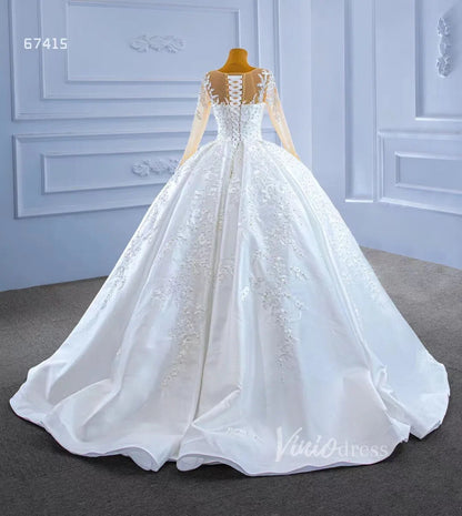 Beaded Lace Appliqued Satin Wedding Gown Long Sleeve 67415 Viniodress-wedding dresses 2025 -Viniodress-Ivory-Custom Size-