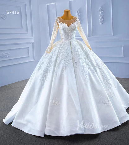 Beaded Lace Appliqued Satin Wedding Gown Long Sleeve 67415 Viniodress-wedding dresses 2025 -Viniodress-Ivory-Custom Size-