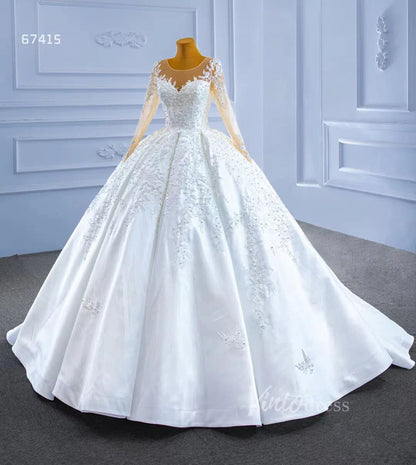 Beaded Lace Appliqued Satin Wedding Gown Long Sleeve 67415 Viniodress-wedding dresses 2025 -Viniodress-Ivory-Custom Size-