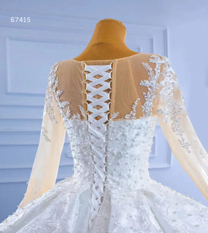 Beaded Lace Appliqued Satin Wedding Gown Long Sleeve 67415 Viniodress-wedding dresses 2025 -Viniodress-Ivory-Custom Size-