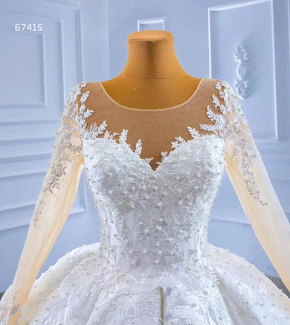 Beaded Lace Appliqued Satin Wedding Gown Long Sleeve 67415 Viniodress-wedding dresses 2025 -Viniodress-Ivory-Custom Size-