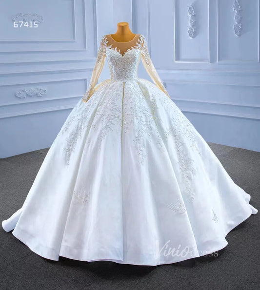 Beaded Lace Appliqued Satin Wedding Gown Long Sleeve 67415 Viniodress-wedding dresses 2025 -Viniodress-Ivory-Custom Size-