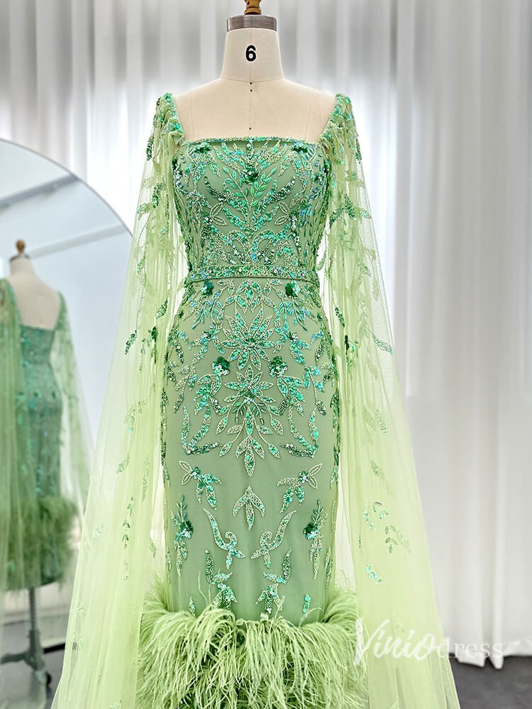 Beaded Lace Cape Sleeve Evening Dresses with Feathers Tea-Length Mother of the Bride Dress AD1150-Evening Dresses 2025 -Viniodress-Green-US 2-