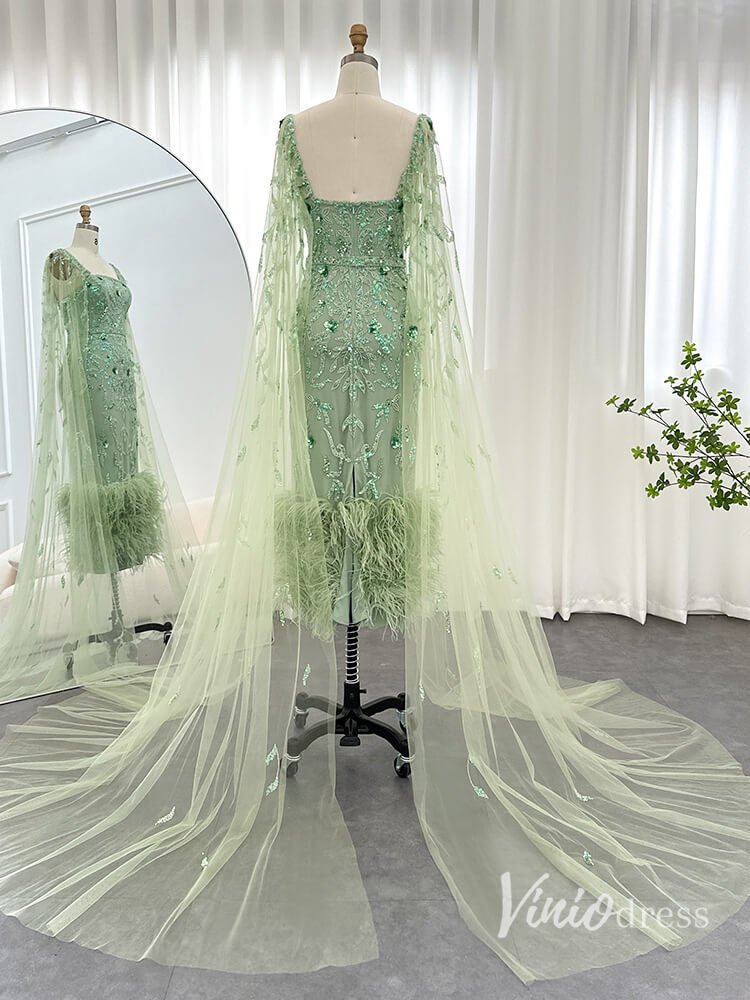 Beaded Lace Cape Sleeve Evening Dresses with Feathers Tea-Length Mother of the Bride Dress AD1150-Evening Dresses 2025 -Viniodress-Lilac-US 2-