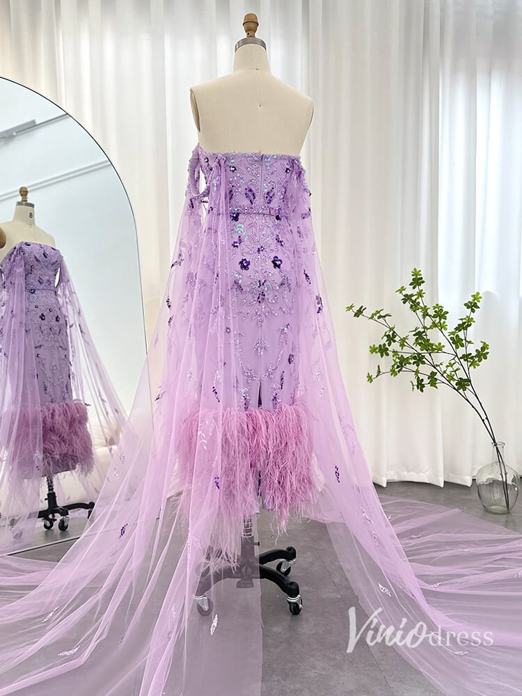 Beaded Lace Cape Sleeve Evening Dresses with Feathers Tea-Length Mother of the Bride Dress AD1150-Evening Dresses 2025 -Viniodress-Lilac-US 2-