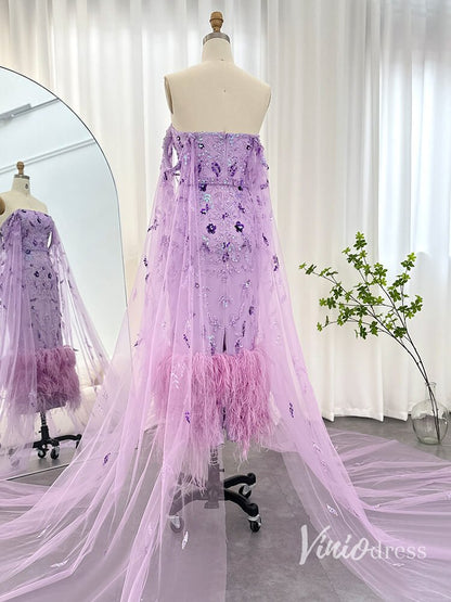 Beaded Lace Cape Sleeve Evening Dresses with Feathers Tea-Length Mother of the Bride Dress AD1150-Evening Dresses 2025 -Viniodress-Lilac-US 2-