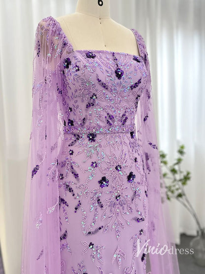 Beaded Lace Cape Sleeve Evening Dresses with Feathers Tea-Length Mother of the Bride Dress AD1150-Evening Dresses 2025 -Viniodress-Lilac-US 2-