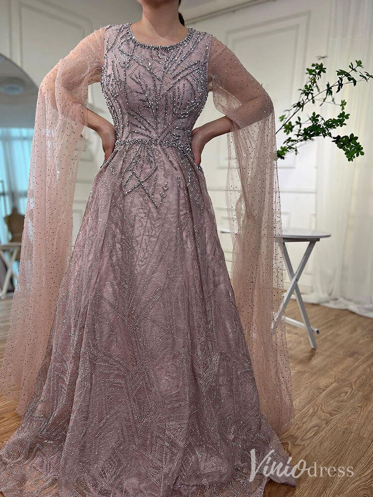 Beaded Lace Cape Sleeve Prom Dresses A-Line Boat Neck Pageant Dress AD1259-Evening Dresses 2025 -Viniodress-Dusty Rose-US 2-