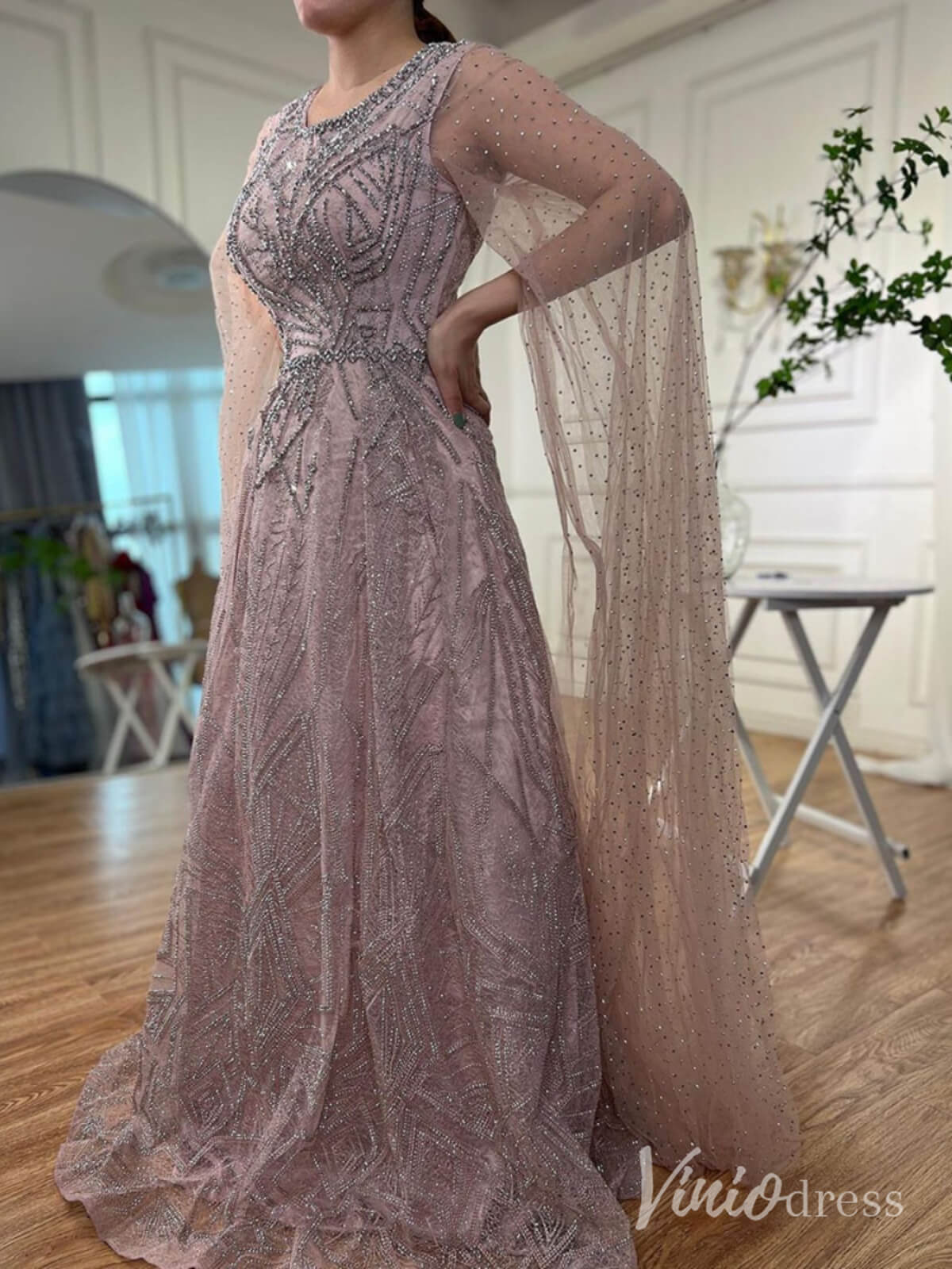 Beaded Lace Cape Sleeve Prom Dresses A-Line Boat Neck Pageant Dress AD1259-Evening Dresses 2025 -Viniodress-Green-US 2-