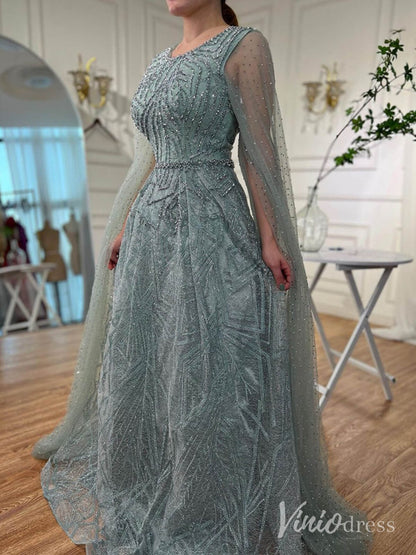 Beaded Lace Cape Sleeve Prom Dresses A-Line Boat Neck Pageant Dress AD1259-Evening Dresses 2025 -Viniodress-Green-US 2-