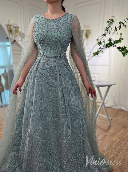 Beaded Lace Cape Sleeve Prom Dresses A-Line Boat Neck Pageant Dress AD1259-Evening Dresses 2025 -Viniodress-Green-US 2-