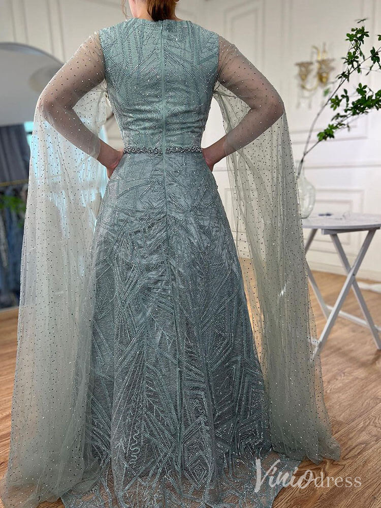 Beaded Lace Cape Sleeve Prom Dresses A-Line Boat Neck Pageant Dress AD1259-Evening Dresses 2025 -Viniodress-Green-US 2-