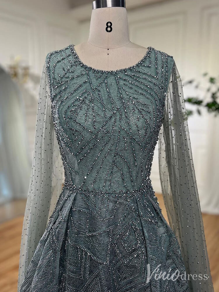 Beaded Lace Cape Sleeve Prom Dresses A-Line Boat Neck Pageant Dress AD1259-Evening Dresses 2025 -Viniodress-Green-US 2-