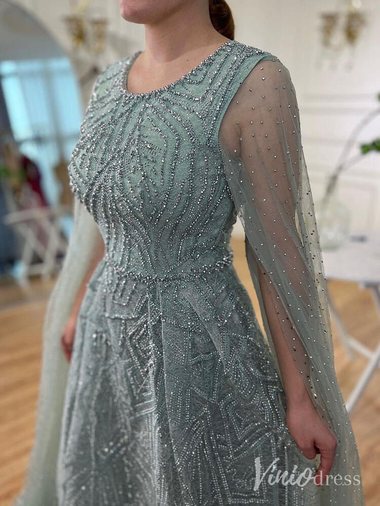 Beaded Lace Cape Sleeve Prom Dresses A-Line Boat Neck Pageant Dress AD1259-Evening Dresses 2025 -Viniodress-Green-US 2-