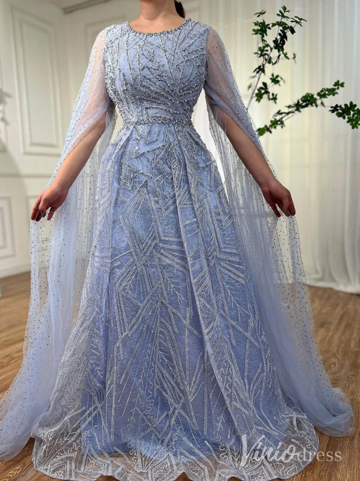 Beaded Lace Cape Sleeve Prom Dresses A-Line Boat Neck Pageant Dress AD1259-Evening Dresses 2025 -Viniodress-Light Blue-US 2-