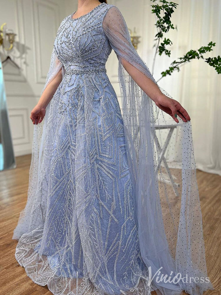 Beaded Lace Cape Sleeve Prom Dresses A - Line Boat Neck Pageant Dress AD1259 - ViniodressEvening DressesLight BlueUS 2 - Formal Dresses - Ball Gowns