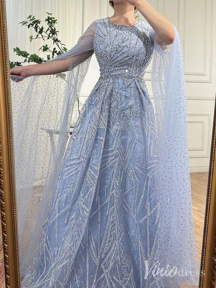 Beaded Lace Cape Sleeve Prom Dresses A - Line Boat Neck Pageant Dress AD1259 - ViniodressEvening DressesLight BlueUS 2 - Formal Dresses - Ball Gowns