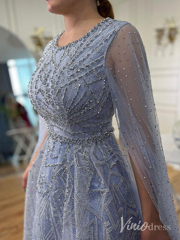 Beaded Lace Cape Sleeve Prom Dresses A - Line Boat Neck Pageant Dress AD1259 - ViniodressEvening DressesLight BlueUS 2 - Formal Dresses - Ball Gowns