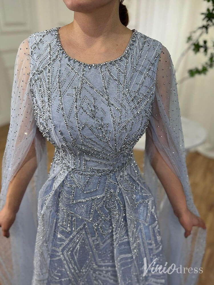 Beaded Lace Cape Sleeve Prom Dresses A - Line Boat Neck Pageant Dress AD1259 - ViniodressEvening DressesLight BlueUS 2 - Formal Dresses - Ball Gowns