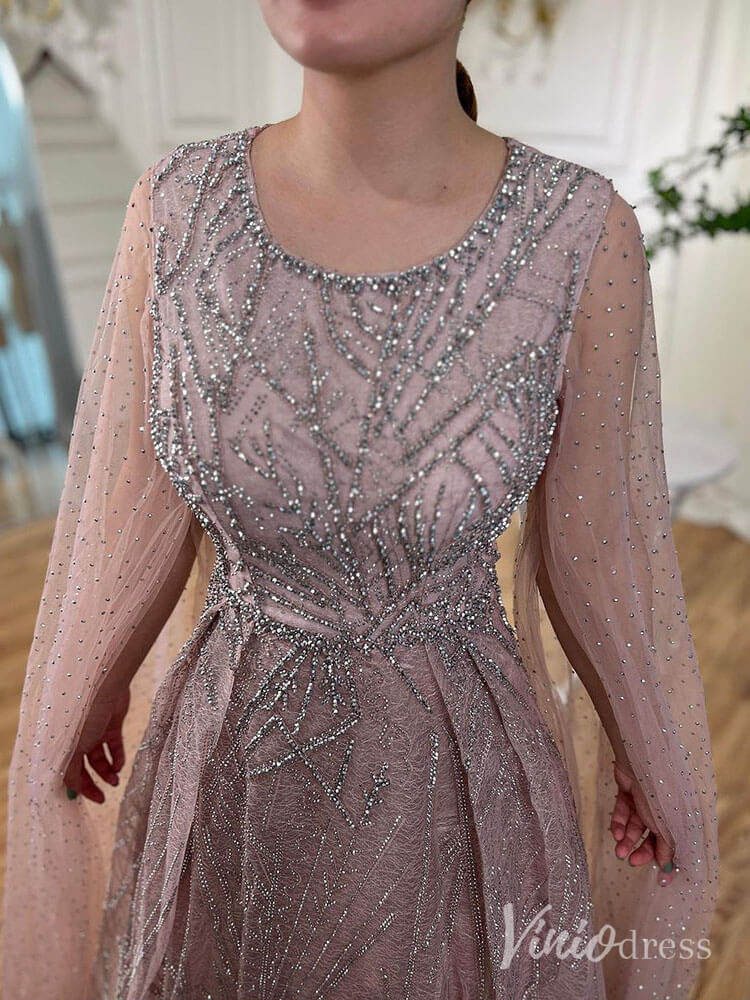 Beaded Lace Cape Sleeve Prom Dresses A - Line Boat Neck Pageant Dress AD1259 - ViniodressEvening DressesDusty RoseUS 2 - Formal Dresses - Ball Gowns